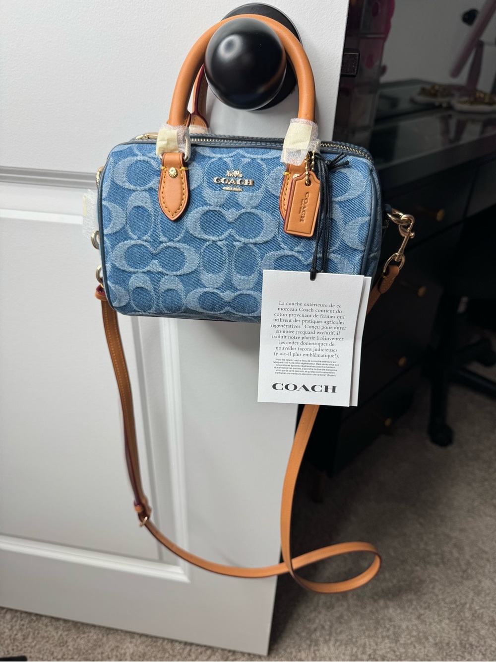 Coach Denim Signature Mini Satchel with Tan Leather Trim